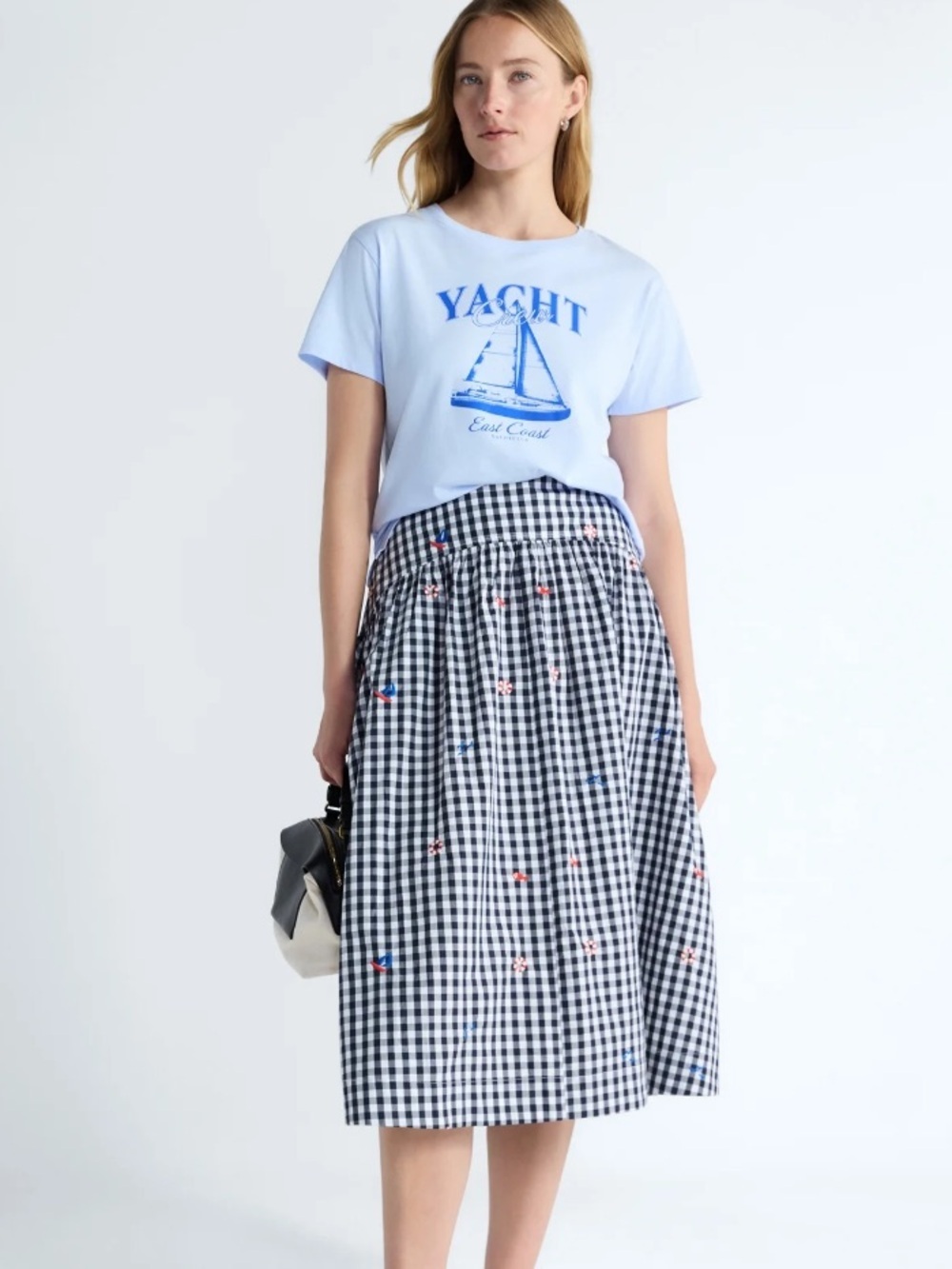 Free Assembly Navy & White Gingham Print Nautical Midi Skirt Size 6 & 12